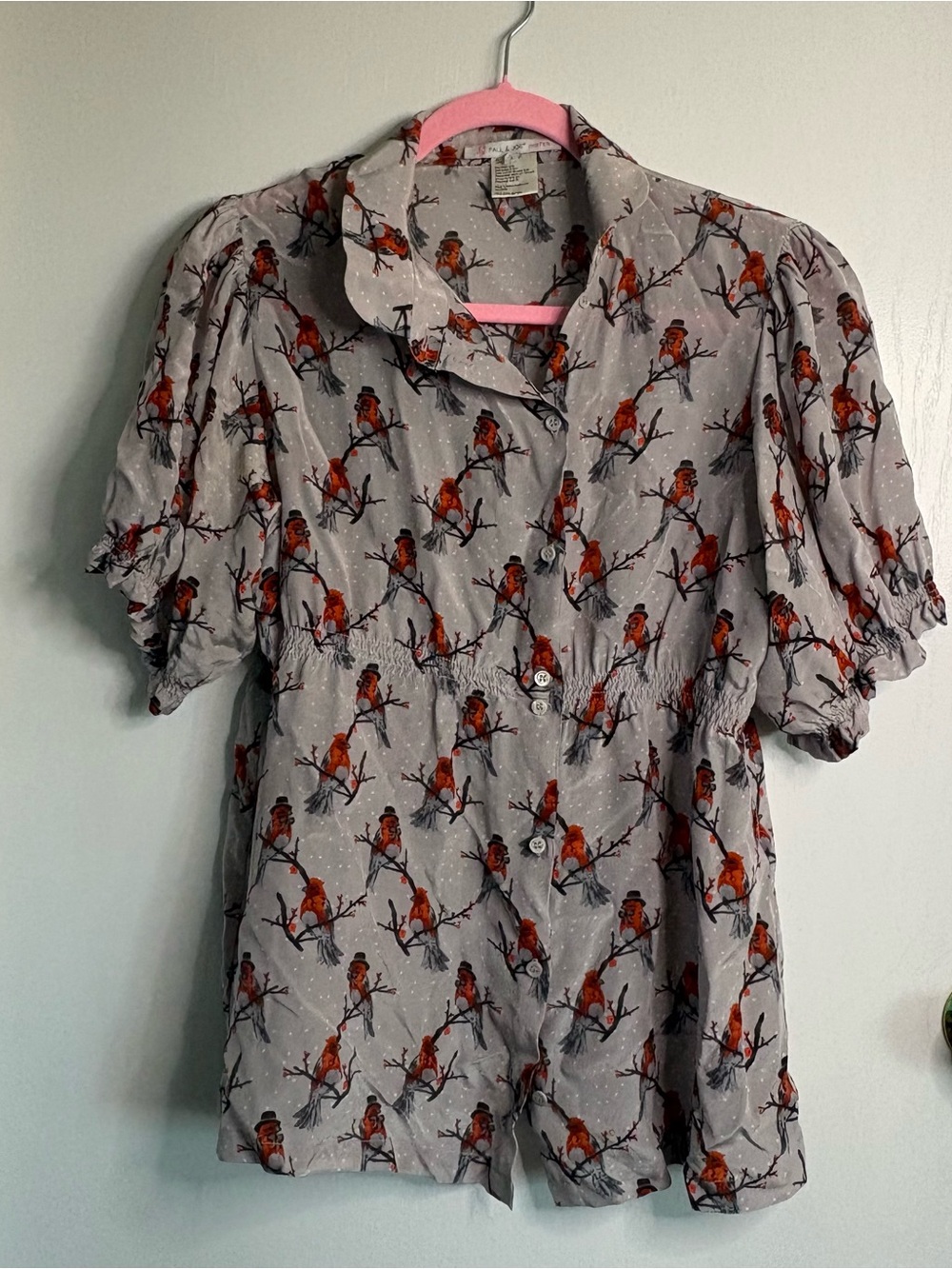 Paul & Joe Sister Sz S 100% Silk Bird Print Button-Front Puff Sleeve Blouse Chic